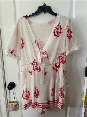 Tularosa White Romper with Red Floral Print